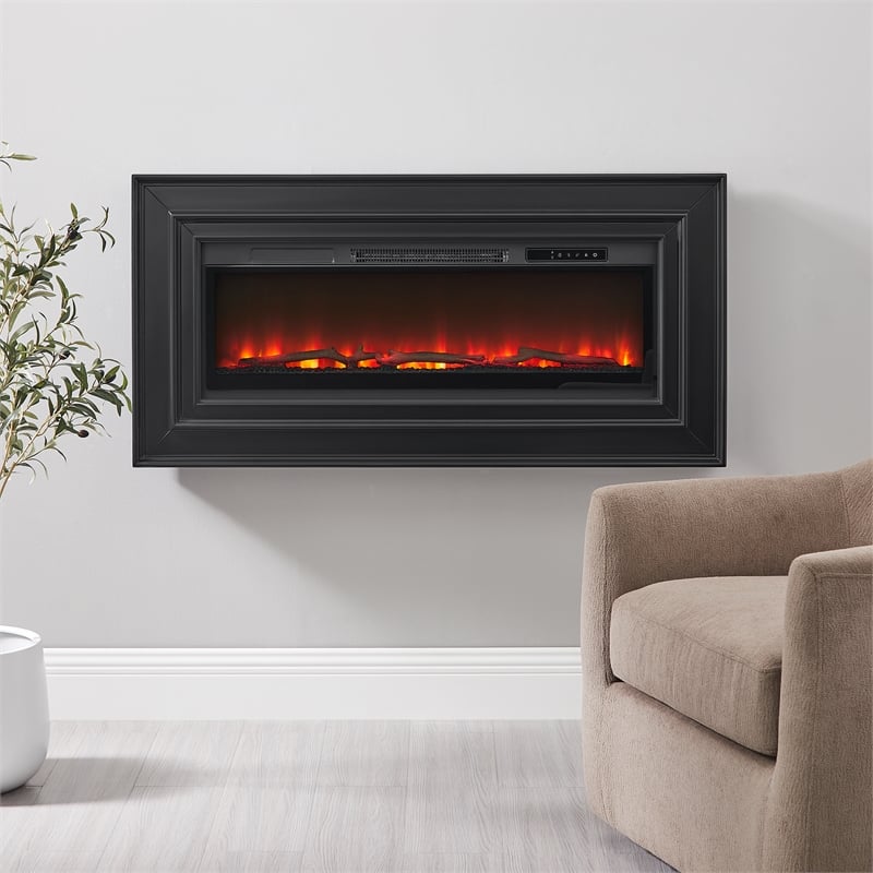 Pemberly Row Wall Mounted Electric Fireplace Console Fully Assembled Black Wood