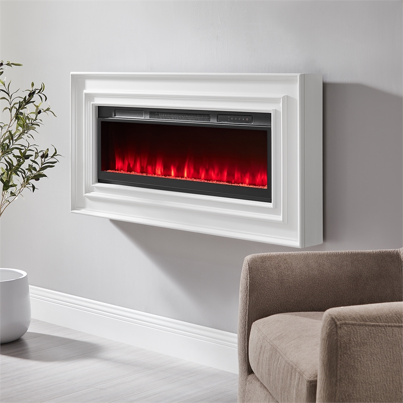Pemberly Row Wall Mounted Electric Fireplace Console Fully Assembled White Wood