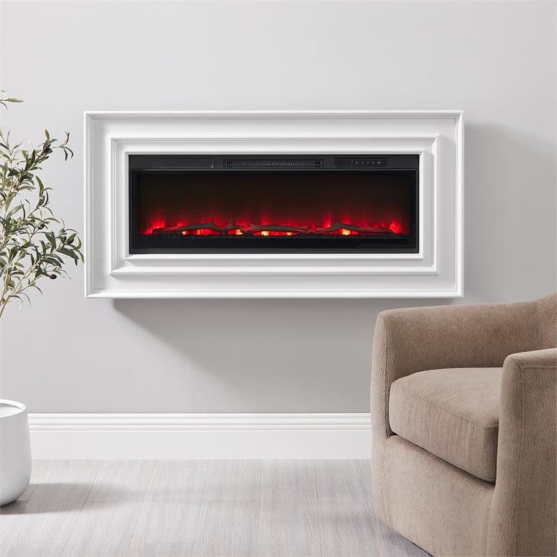 Pemberly Row Wall Mounted Electric Fireplace Console Fully Assembled White Wood