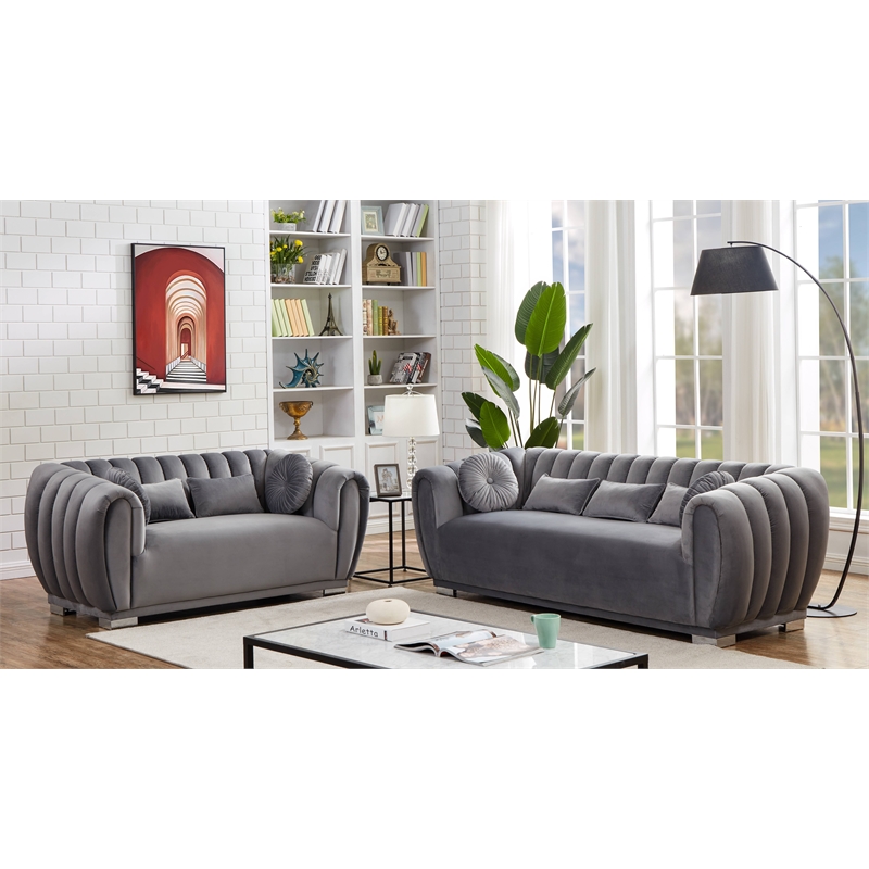 Pemberly Row Modern Velvet Fabric Living Room Sofa and Loveseat Set in Gray