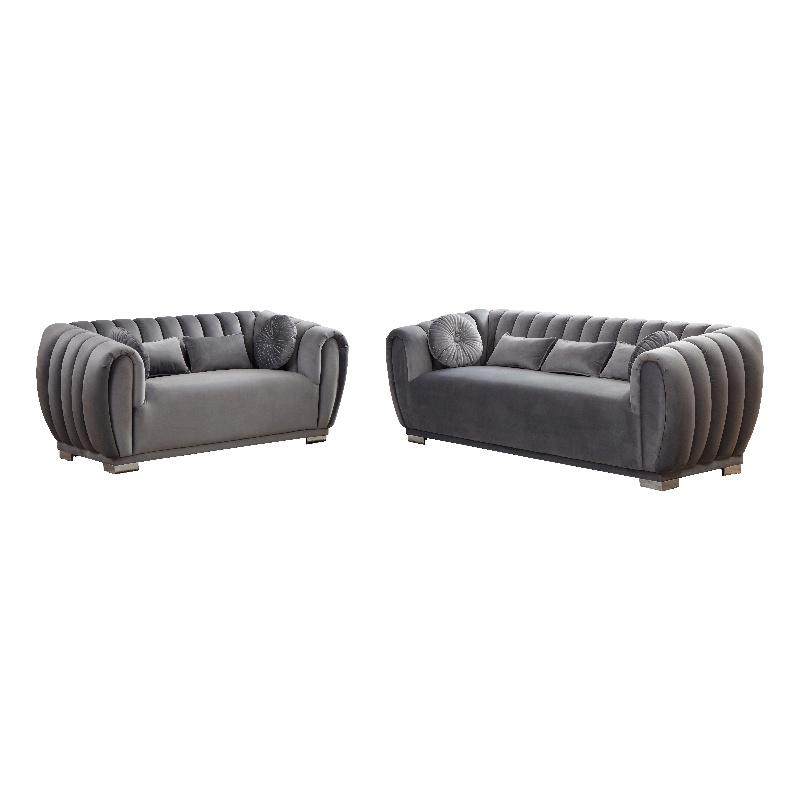 Pemberly Row Modern Velvet Fabric Living Room Sofa and Loveseat Set in Gray