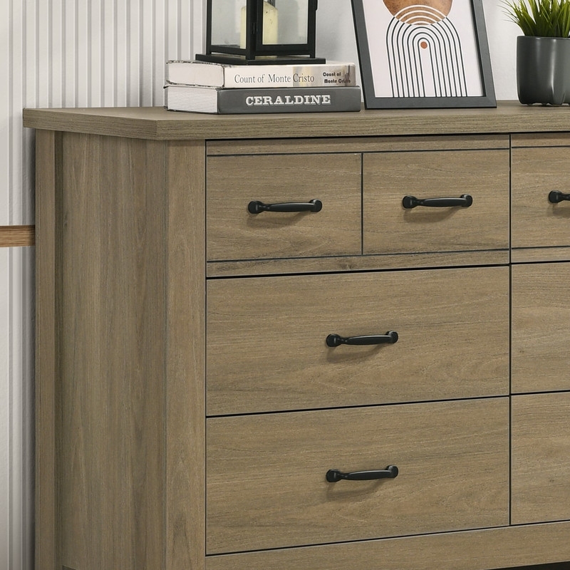 Pemberly Row Coffee Gray Oak Engineered Wood Dresser 6-Drawers Black Handles