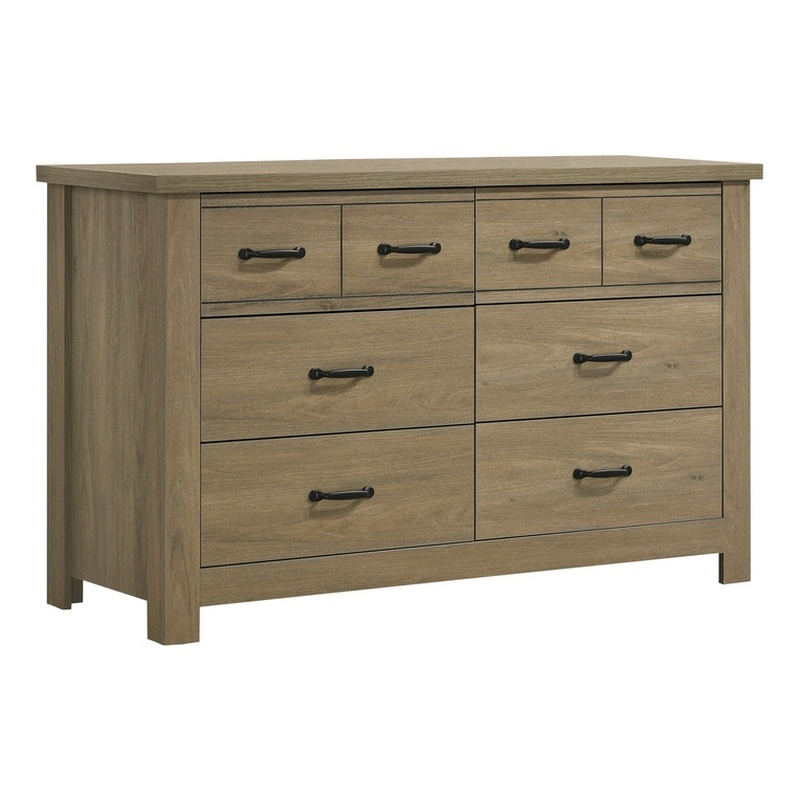 Pemberly Row Coffee Gray Oak Engineered Wood Dresser 6-Drawers Black Handles