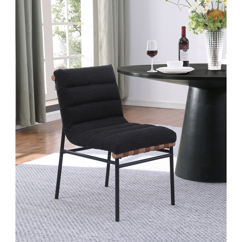 Pemberly Row Black Boucle Fabric Set of 2 Dining Chairs with Black Iron Legs