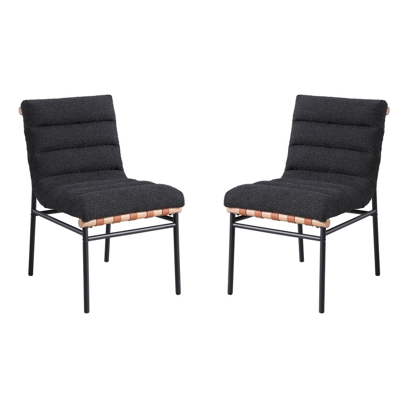 Pemberly Row Black Boucle Fabric Set of 2 Dining Chairs with Black Iron Legs