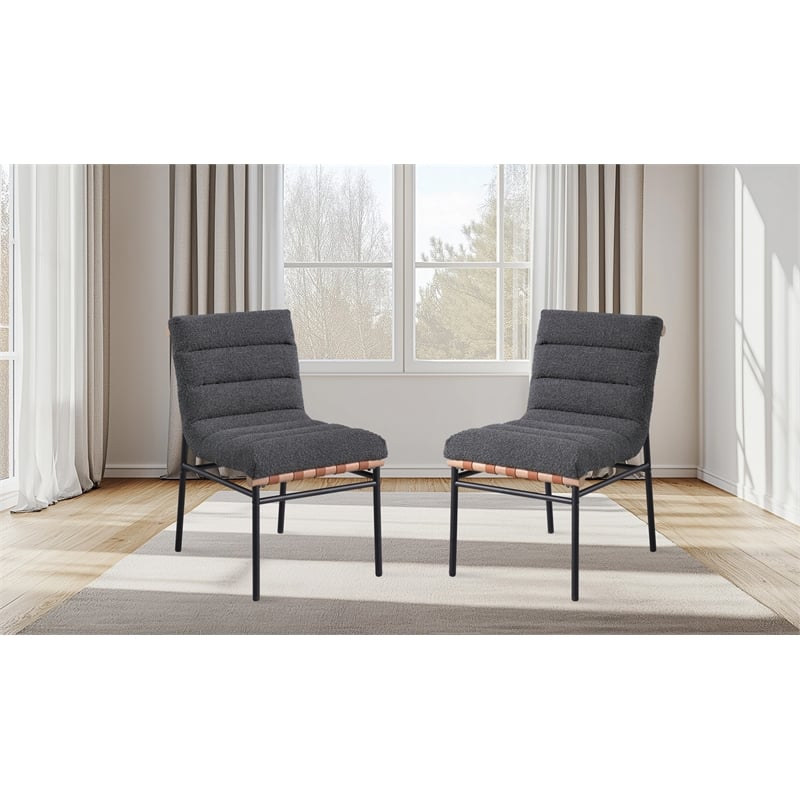 Pemberly Row Dark Gray Boucle Fabric Set of 2 Dining Chairs with Black Iron Legs