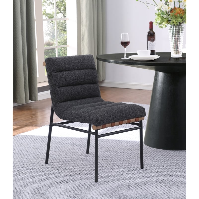 Pemberly Row Dark Gray Boucle Fabric Set of 2 Dining Chairs with Black Iron Legs