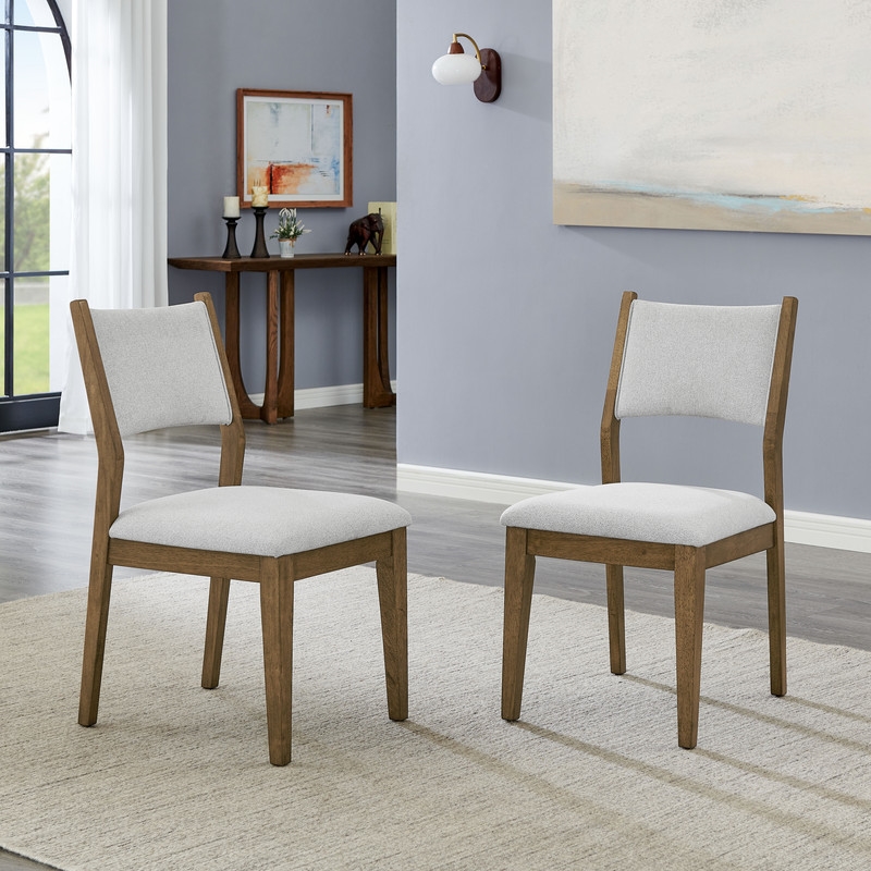 Pemberly Row Set of 2 Walnut Oak Wood Dining Side Chairs with Light Gray Fabric