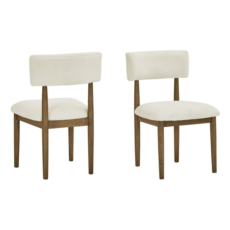 Pemberly Row Set of 2 Walnut Oak Wood & Beige Sherpa Fabric Dining Side Chairs