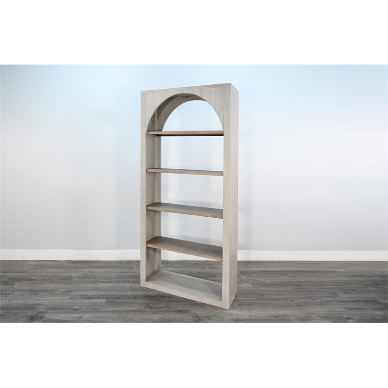 Pemberly Row Tall Arched Wood Bookshelf with Open Shelving in Gray