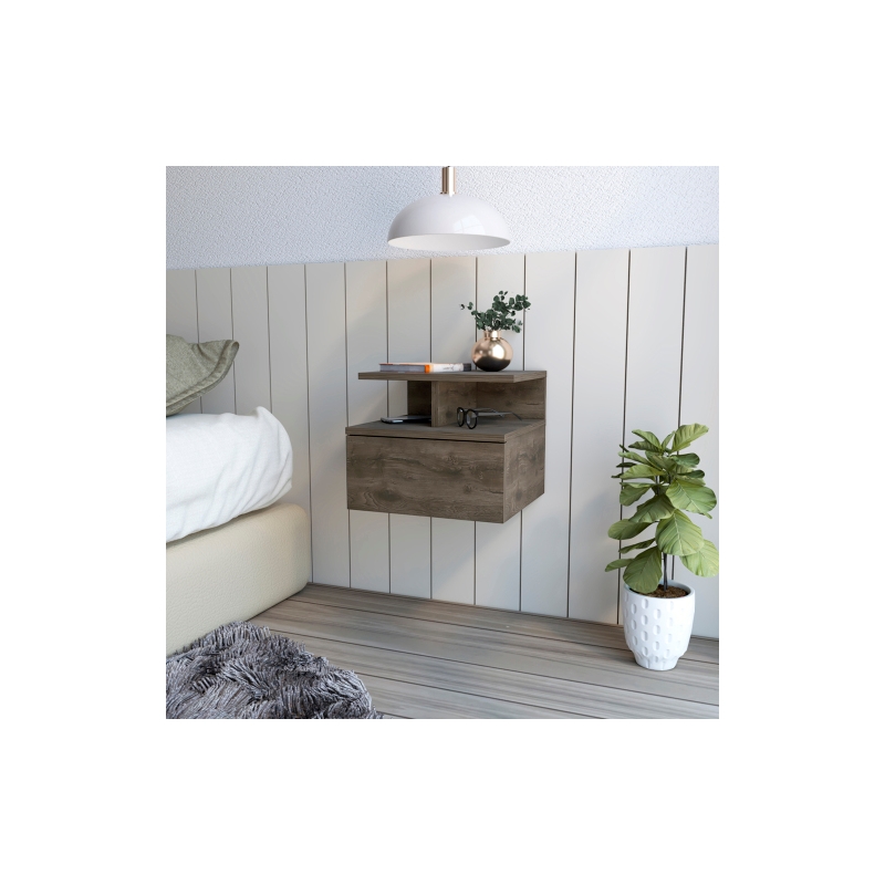 Pemberly Row Set of 2 Engineered Wood Floating Nightstands in Dark Walnut