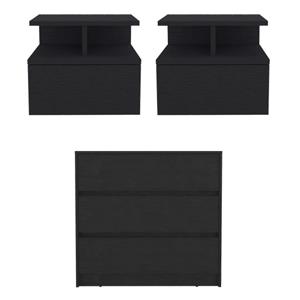 Pemberly Row Set of 3 Engineered Wood Dresser & 2 Floating Nightstands in Black