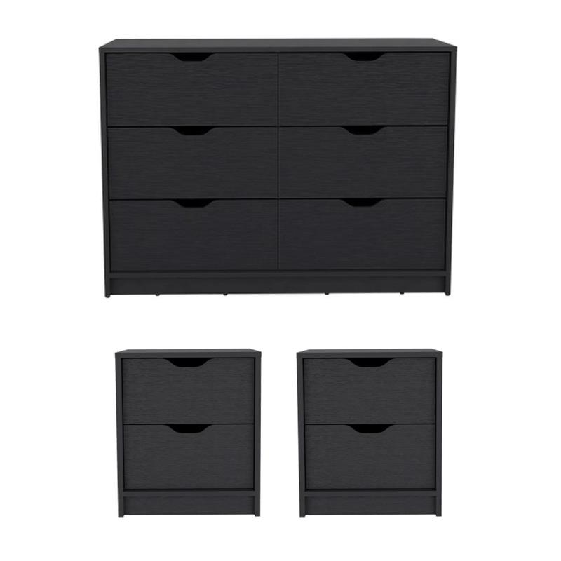 Pemberly Row Set of 3 Engineered Wood Dresser & 2 Nightstands in Black