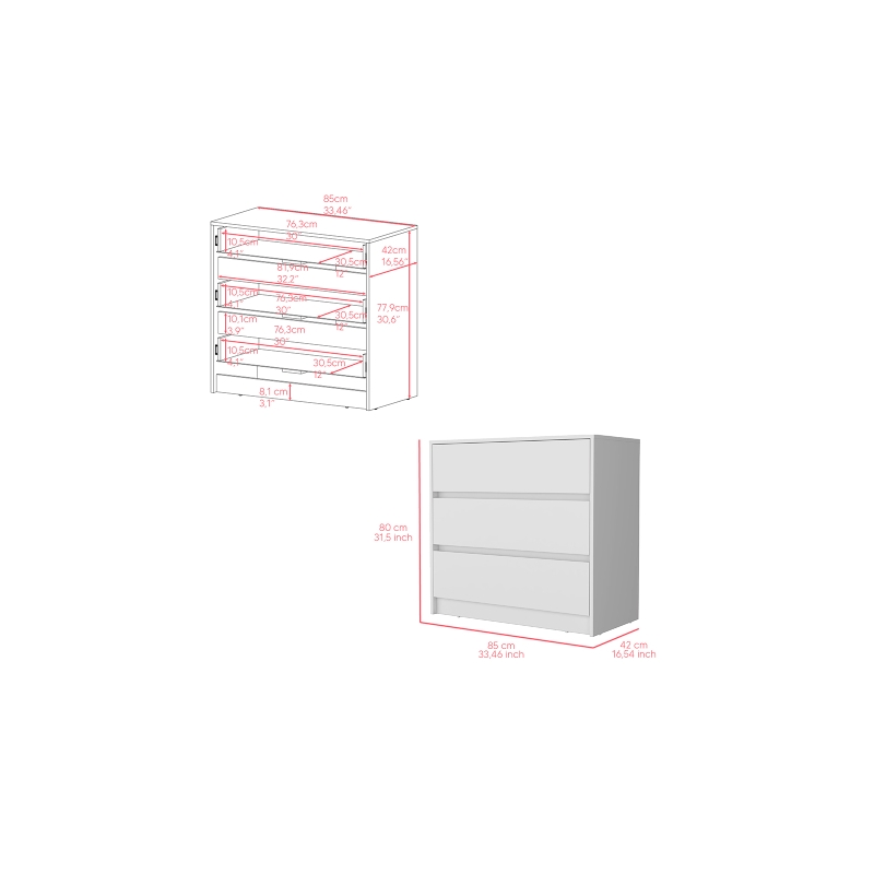 Pemberly Row Set of 3 Engineered Wood Dresser & 2 Floating Nightstands in White