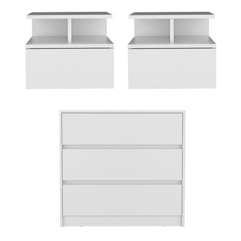 Pemberly Row Set of 3 Engineered Wood Dresser & 2 Floating Nightstands in White