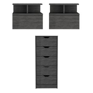 Pemberly Row Set of 3 Wood Dresser & 2 Floating Nightstands in Smoky Oak