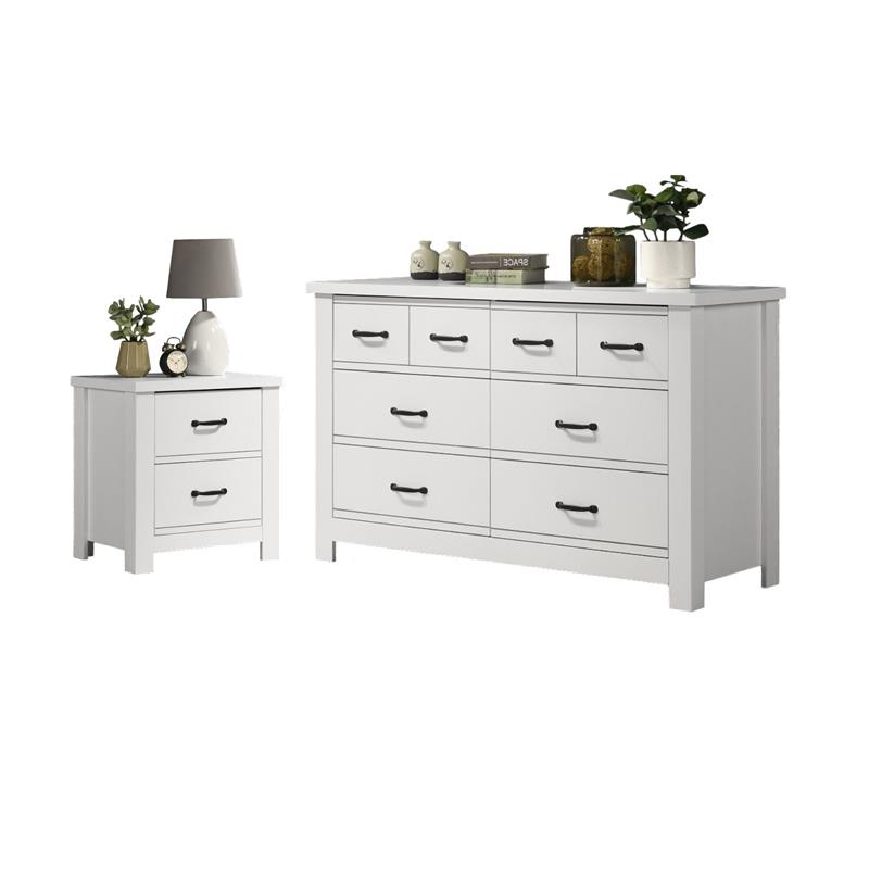 Pemberly Row Set of 2 Engineered Wood Nightstand & Double Dresser in White