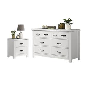 Pemberly Row Set of 2 Engineered Wood Nightstand & Double Dresser in White
