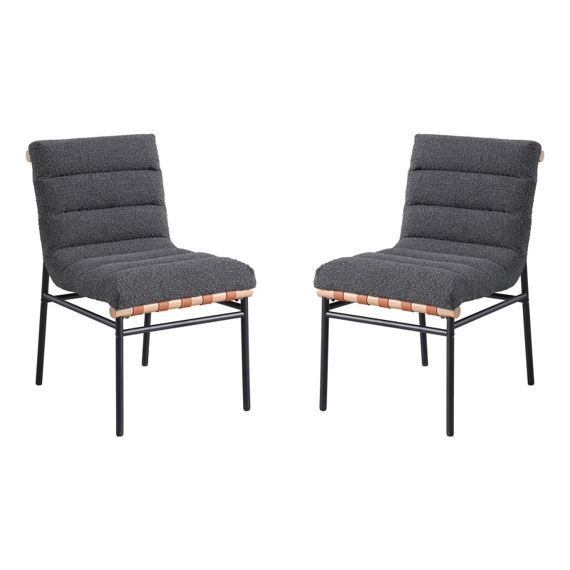 Pemberly Row Set of 4 Dark Gray Boucle Fabric Dining Chairs with Black Iron Legs