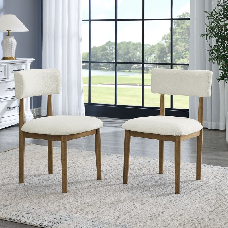 Pemberly Row Set of 6 Walnut Oak Wood Dining Side Chairs w/ Beige Sherpa Fabric
