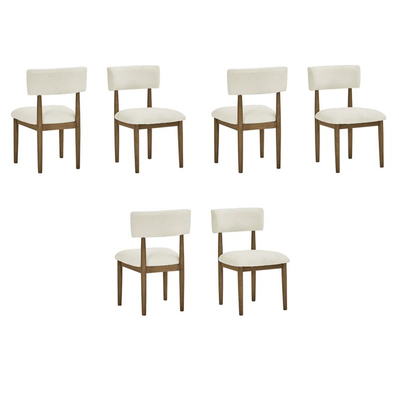 Pemberly Row Set of 6 Walnut Oak Wood Dining Side Chairs w/ Beige Sherpa Fabric