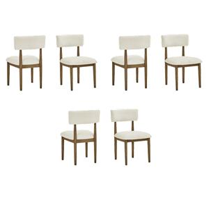 Pemberly Row Set of 6 Walnut Oak Wood Dining Side Chairs w/ Beige Sherpa Fabric