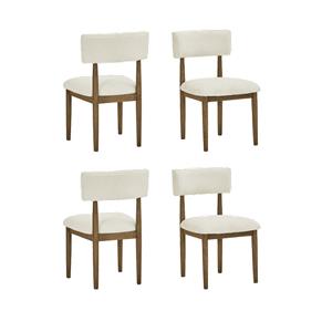 Pemberly Row Set of 4 Walnut Oak Wood Dining Side Chairs w/ Beige Sherpa Fabric
