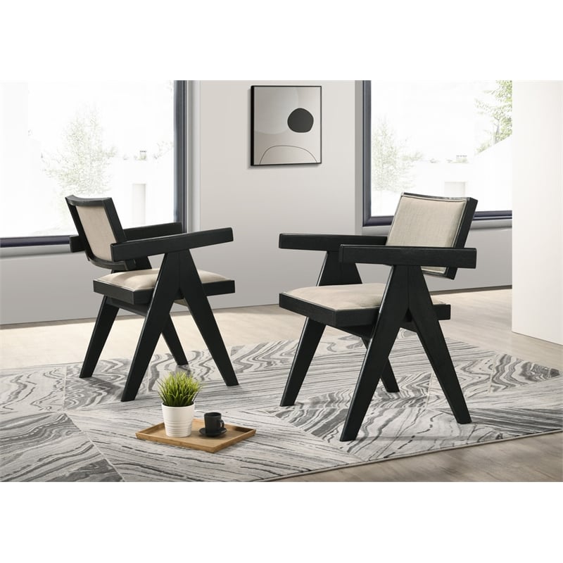 Pemberly Row Set of 6 Beige Upholstered Seat Ebony Black Wood Dining Arm Chairs