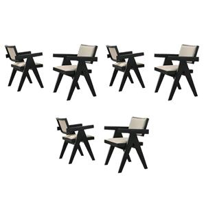 Pemberly Row Set of 6 Beige Upholstered Seat Ebony Black Wood Dining Arm Chairs
