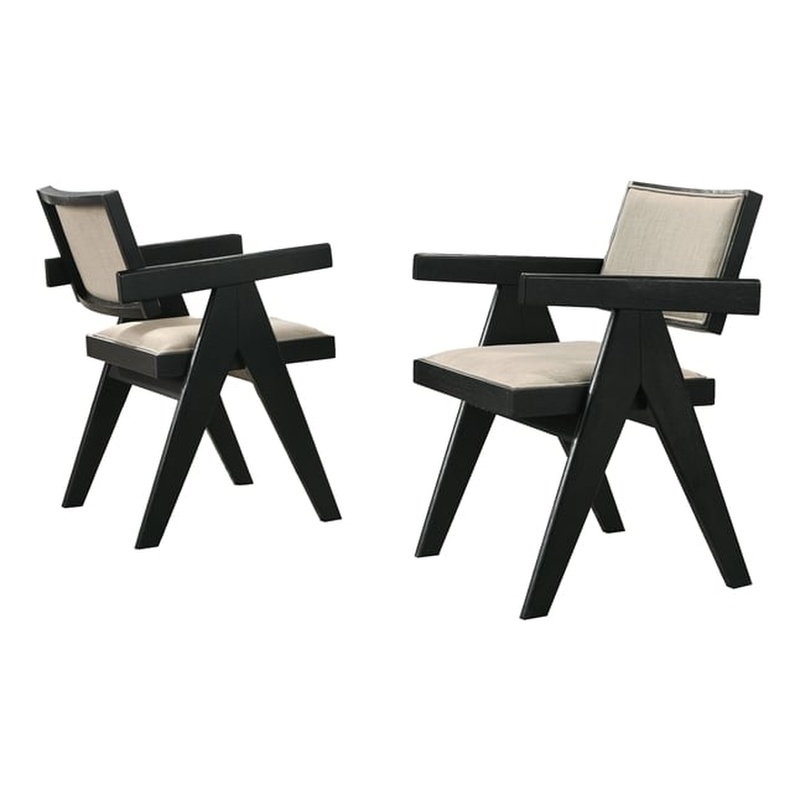 Pemberly Row Set of 4 Beige Upholstered Seat Ebony Black Wood Dining Arm Chairs