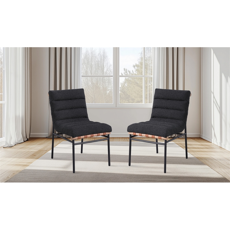 Pemberly Row Set of 6 Black Boucle Fabric Dining Chairs with Black Iron Legs