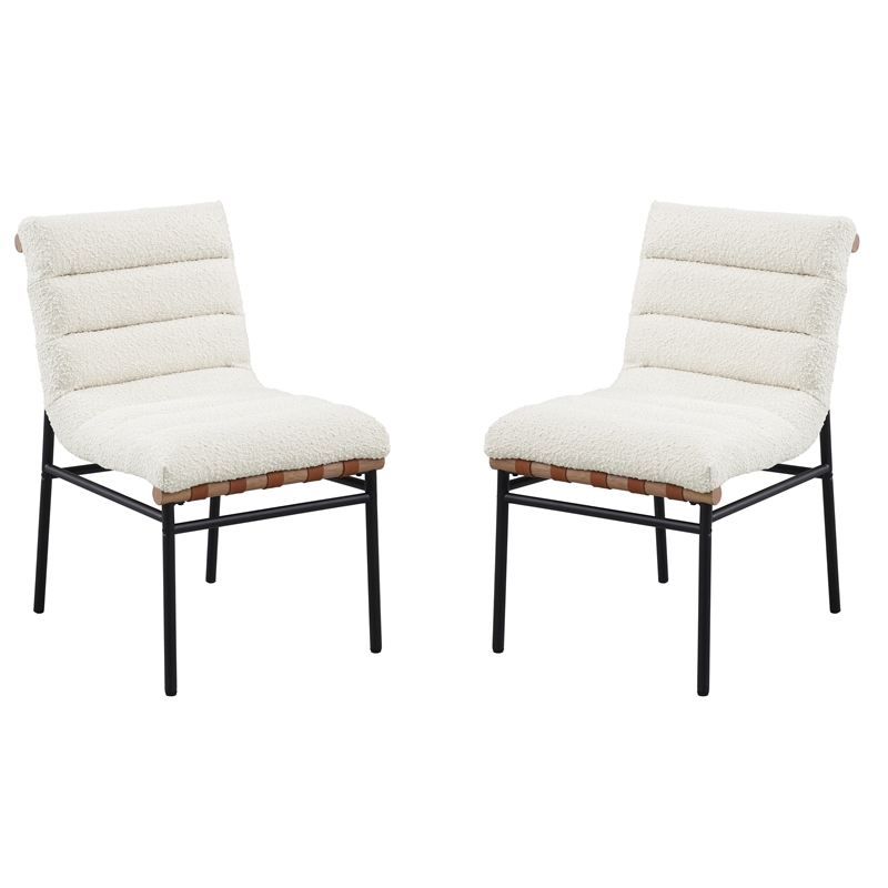 Pemberly Row Set of 6 White Boucle Fabric Dining Chairs with Black Iron Legs