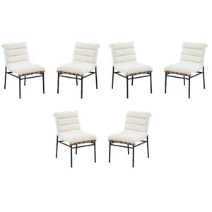 Pemberly Row Set of 6 White Boucle Fabric Dining Chairs with Black Iron Legs