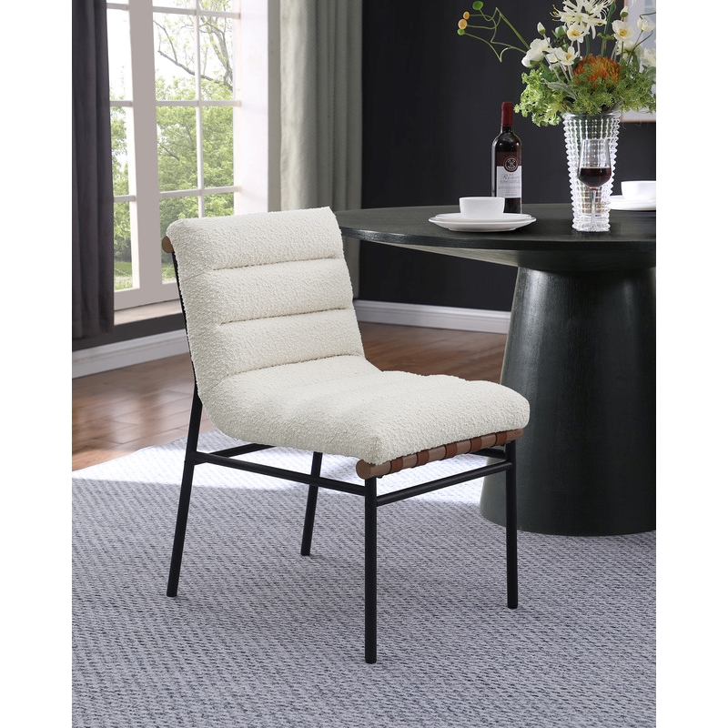 Pemberly Row Set of 4 White Boucle Fabric Dining Chairs with Black Iron Legs