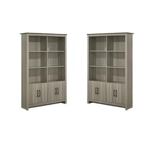 Pemberly Row Set of 2 47&quotW Gray Oak Wood Bookcases with Shelf with Cabinet Doors