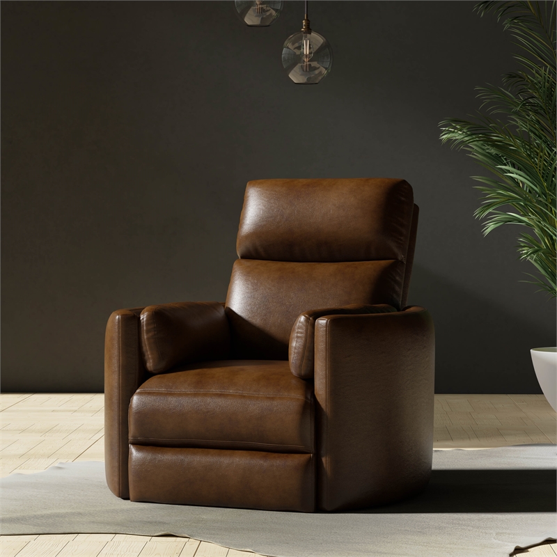 Pemberly Row Set of 2 Leather Power Cordless Swivel Glider Recliners in Brown