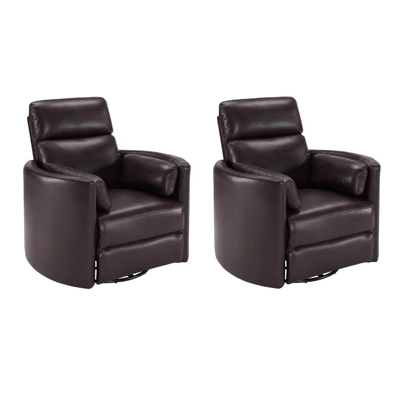 Pemberly Row Set of 2 Leather Power Cordless Swivel Glider Recliners in Brown