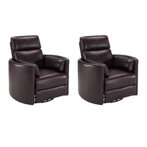 Pemberly Row Set of 2 Leather Power Cordless Swivel Glider Recliners in Brown