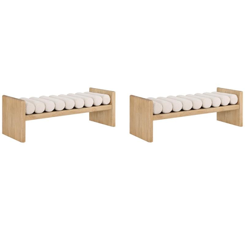 Pemberly Row Set of 2 Contemporary Wood Natural Benches with Cream Cushions