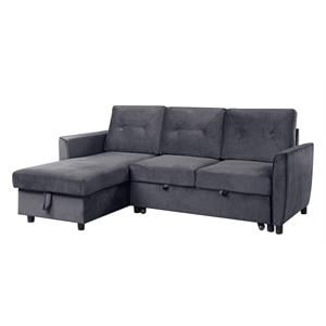 Pemberly Row Gray Velvet Reversible Sleeper Sectional Sofa with Storage Chaise