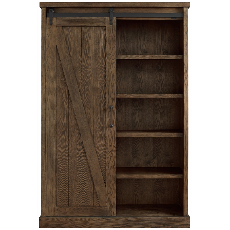 Pemberly Row 8-Shelf Wood Bookcase with Sliding Door in Brown