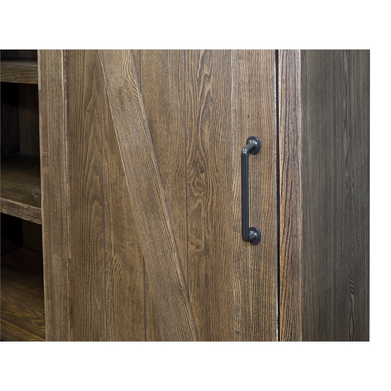 Pemberly Row 8-Shelf Wood Bookcase with Sliding Door in Brown