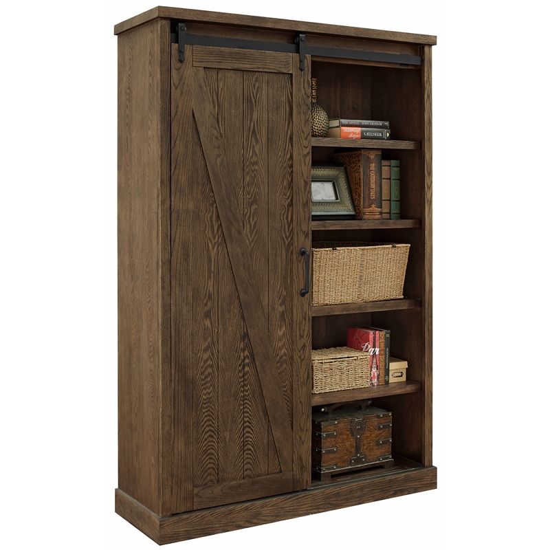 Pemberly Row 8-Shelf Wood Bookcase with Sliding Door in Brown