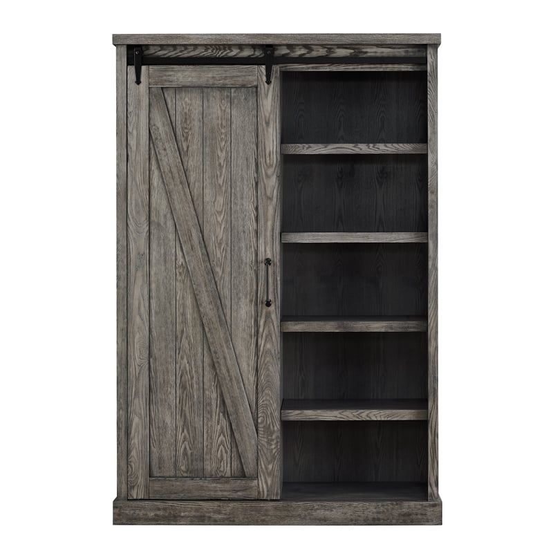 Pemberly Row 8-Shelf Wood Bookcase with Sliding Door in Gray