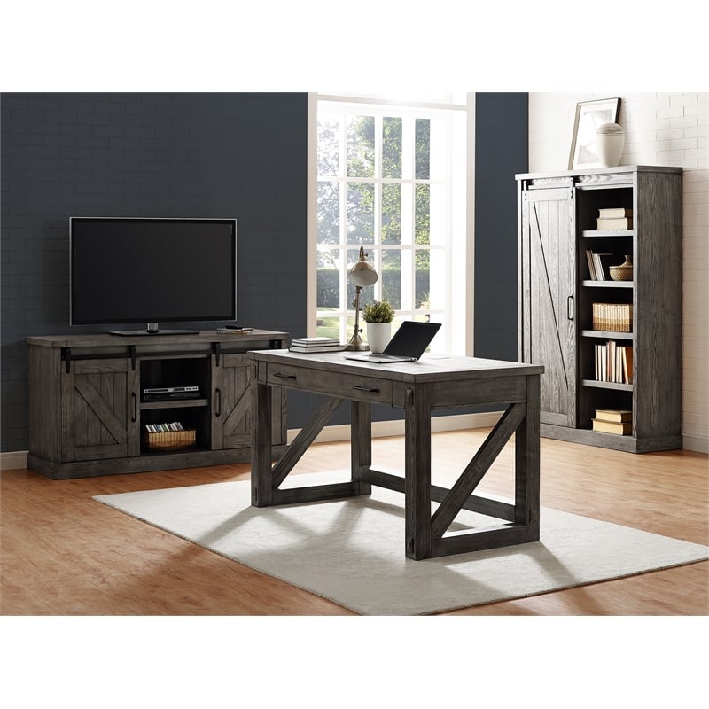Pemberly Row 8-Shelf Wood Bookcase with Sliding Door in Gray