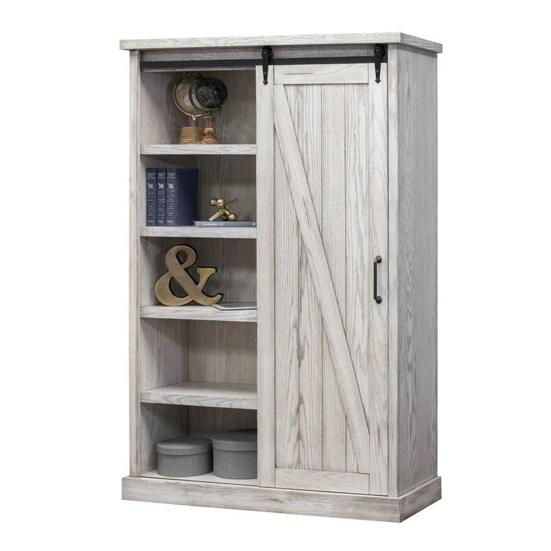 Pemberly Row 8-Shelf Wood Bookcase with Sliding Door in White