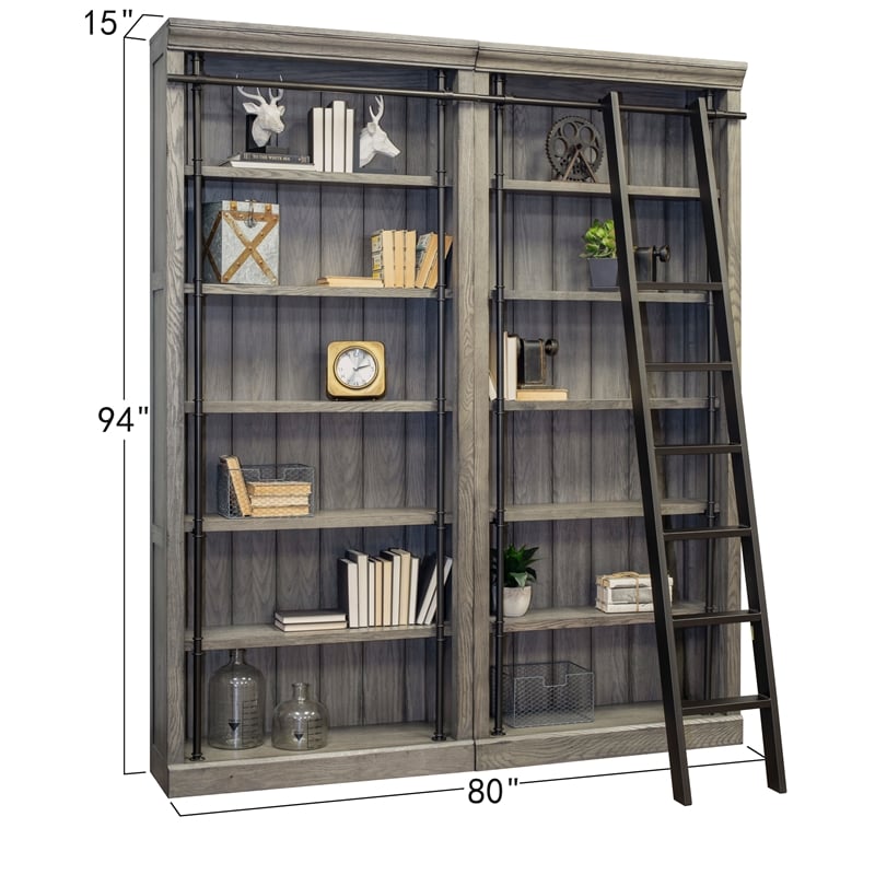 Pemberly Row 8' Tall Bookcase Wall With Ladder Storage Organizer Display in Gray