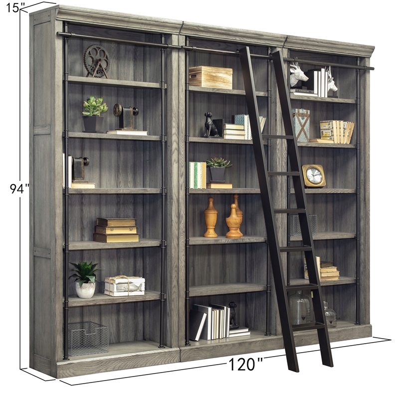 Pemberly Row 8' Tall Bookcase Wall With Ladder Storage Organizer Display in Gray