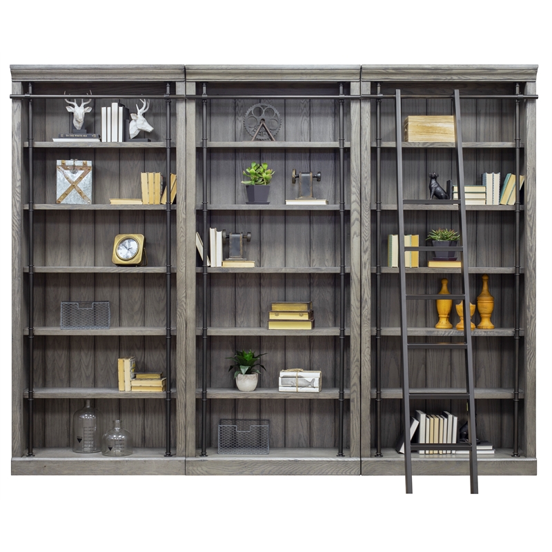 Pemberly Row 8' Tall Bookcase Wall With Ladder Storage Organizer Display in Gray