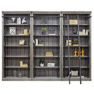 Pemberly Row 8' Tall Bookcase Wall With Ladder Storage Organizer Display in Gray